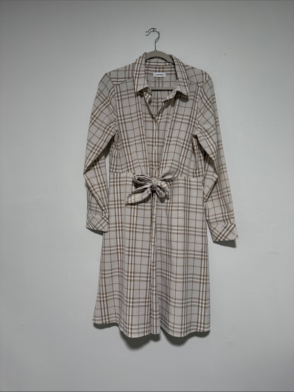 Calvin Klein Beige and Cream Plaid Long Sleeve Shirt Dress Size 12